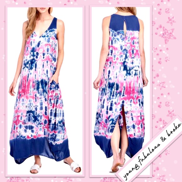 Young Fabulous & Broke Tie Dye Maxi Dress in Pink, White & Navy - Picture 1 of 6